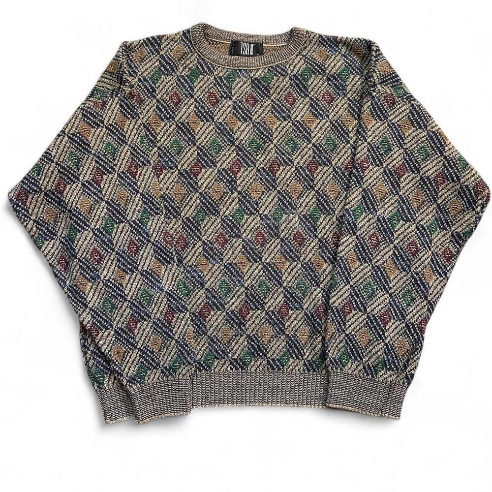 Vintage TSR Geometric Multicolor Knit Sweater Men's Size XL 90's Cozy Fall